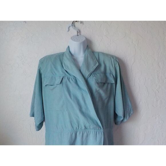 VTG 100% Silk Oleg Cassini Blue Teal Midi Dress Women 8 Faux Wrap Utility 90s - Picture 2 of 11